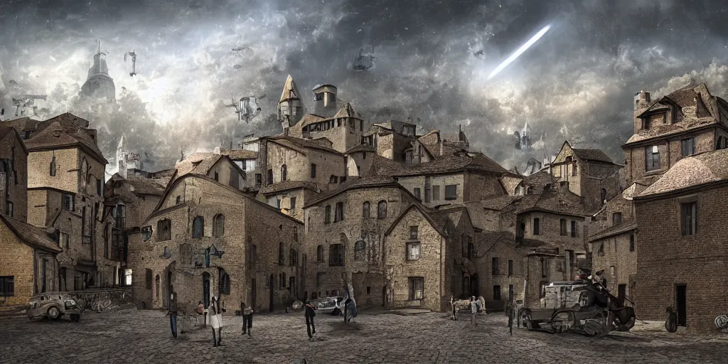 Prompt: ufo's invading a medieval town, view from the street, digital art, matte painting, very detailed