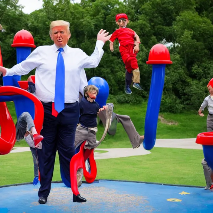 Image similar to donald trump playing in playground, detailed sharp photo