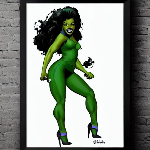 Prompt: Actress Gabrielle Union as She-Hulk, smiling, poster framed, comic pinup style, sports illustrated, detailed legs, artstation, illustration, posterized, Roge Antonio, Jen Bartel
