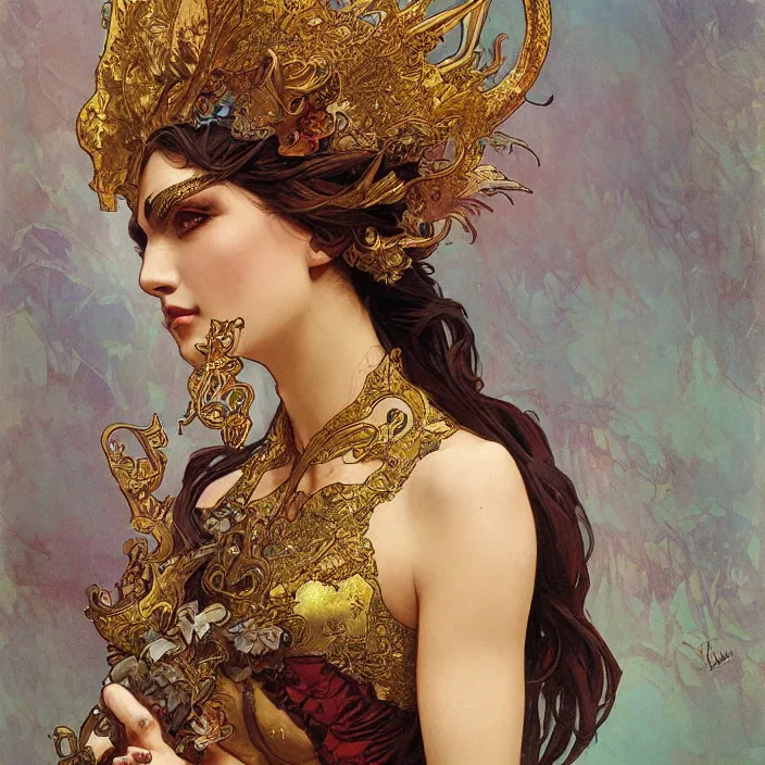 Prompt: female wearing venetian carnival mask by artgerm, greg rutkowski, alphonse mucha