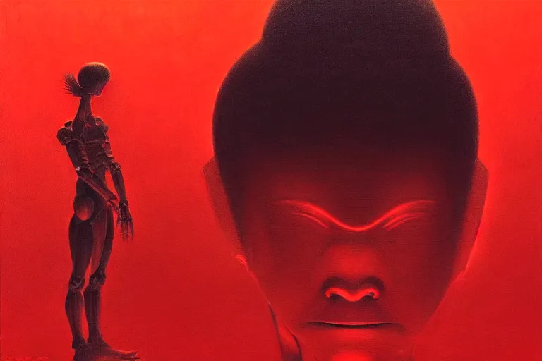 Image similar to only with red, a red samurai humanoid, tokio futuristic in background, some evil yokai, in the style of beksinski, parts by edward hopper, parts by rodcenko, parts by yue minjun, intricate and epic composition, red by caravaggio, insanely quality, highly detailed, masterpiece, red light, artstation, 4 k