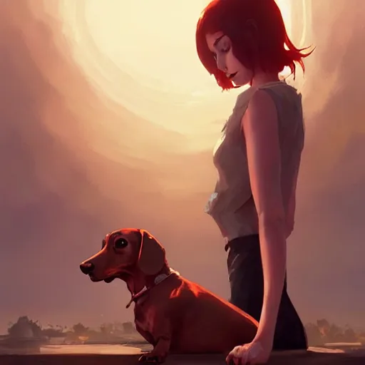 Image similar to dachshund, by greg rutkowski, artgerm, ross tran, conrad roset, takato yomamoto, ilya kuvshinov. 4 k, beautiful, cinematic dramatic atmosphere