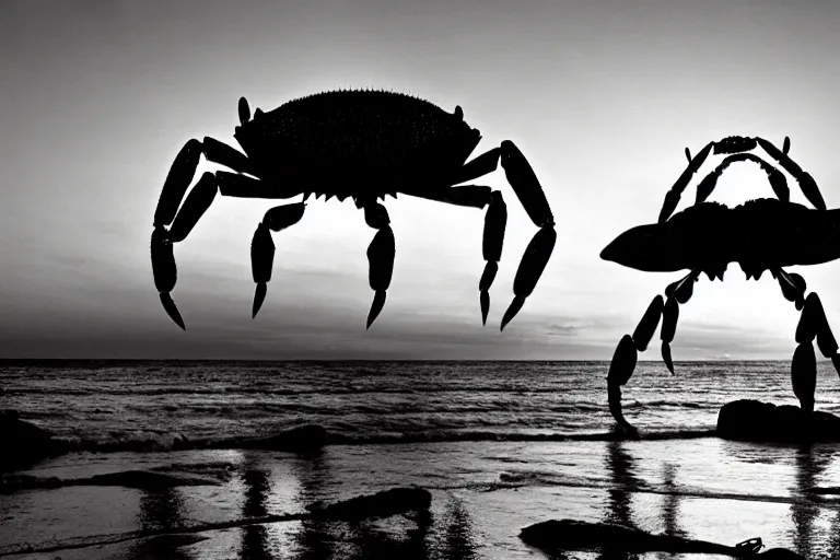 Image similar to giant crab attacking a california city, in 2 0 1 2, bathed in the the glow of the sunset, low - light photograph, photography by ansel adams