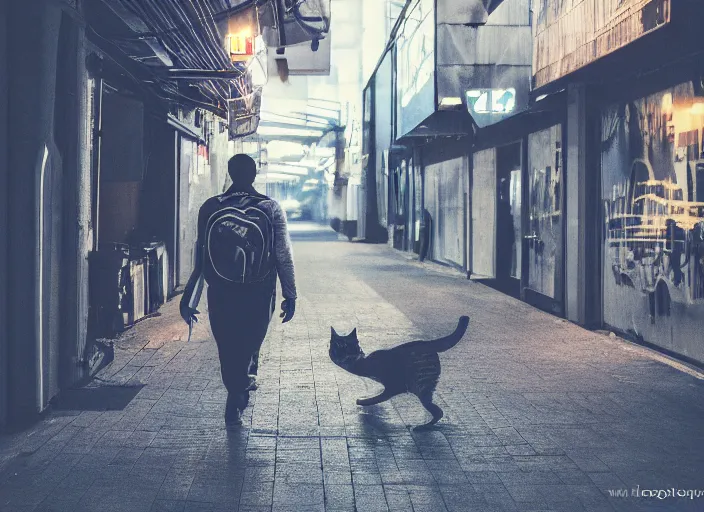 Image similar to photography of a Cat carrying a backpack . in a cyberpunk street. award winning photo, led lighting, night, 24mm, sharp, high res