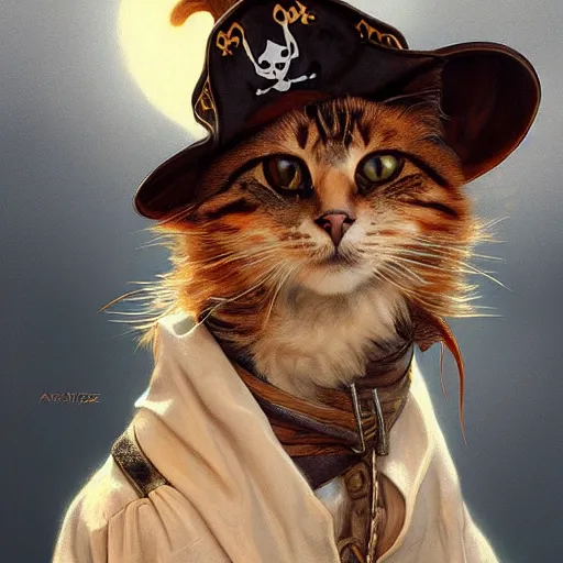 Image similar to Portrait of a Cat as a Pirate, photo, highly detailed oil painting, photorealistic, highly detailed, digital painting, artstation, concept art, smooth, sharp focus, illustration, art by artgerm and greg rutkowski and alphonse mucha