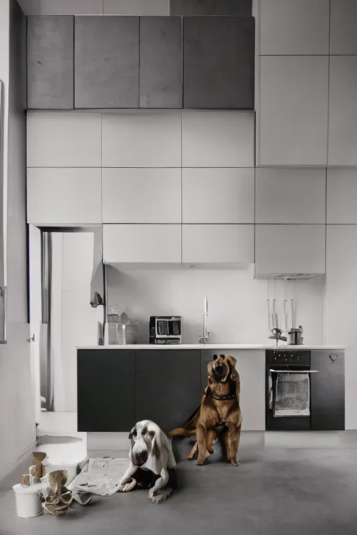 Image similar to Medium Format Portrait Photo of a modern kitchen with a toilet in the middle of the room. A dog is cooking breakfast. award winning, highly detailed, depth of field, Cinestill 800t, wide shot, photo print.