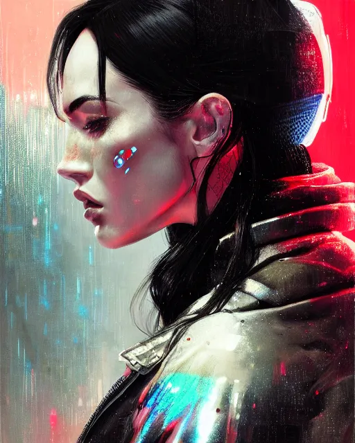 Prompt: detailed side profile portrait Megan Fox, cyberpunk futuristic neon, reflective puffy coat, decorated with traditional Japanese ornaments by Ismail inceoglu dragan bibin hans thoma greg rutkowski Alexandros Pyromallis Nekro Rene Maritte Illustrated, Perfect face, fine details, realistic shaded, fine-face, pretty face