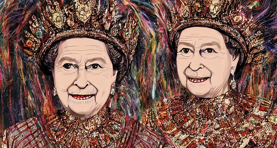 Image similar to the queen wearing a bakini, 4k, photorealistic, hyper detailed