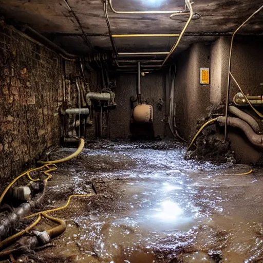 Image similar to deep underground bunker, flooded, dirty water, dense rusty pipes network, dense cables network, mold