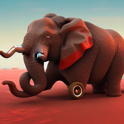 Image similar to red elephant with wheels instead of feet driving on the Pacific ocean, highly detailed, 8k, bordering on artstation,