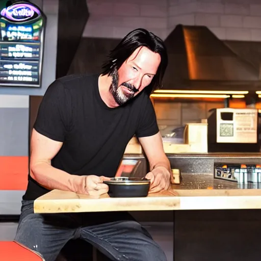 Image similar to keanu reeves enjoying taco bell in a cyberpunk styled kitchen, lit with neon lights