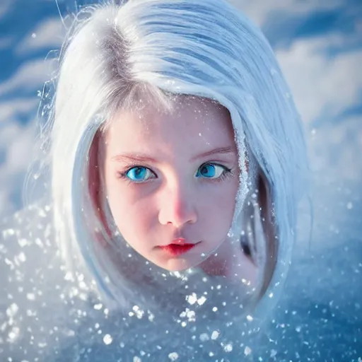 Prompt: ice dust around a frozen girl with white hair and blue eyes on the seashore