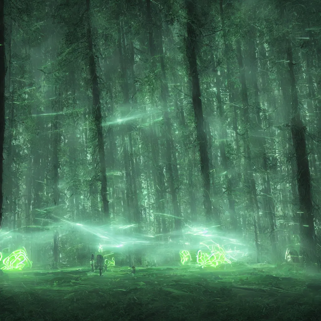 Image similar to rave green laser lights, at night in the cyber forest, reuben wu, jenni pasanen, epic composition, hd, octane, unreal engine, volumetric lighting, light rays, masterpiece, award - winning