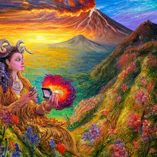 Image similar to painting by senior concept artist josephine wall, horned ram goddess checking her cell phone, erupting volcano and sunset in distance in background, flowers in foreground, zodiac, fantasy, acrylic on canvas, intricately detailed, highly detailed, high resolution, hdr, 8 k, trending on artstation