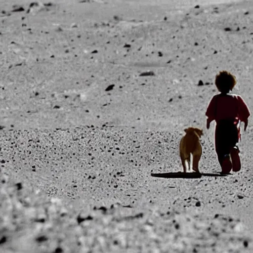 Image similar to Near the human settlement on Mars, a child taking his dog for a walk