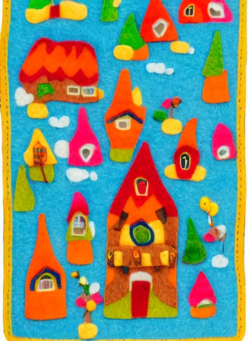 Prompt: cute vibrant felt town with happy gnome villagers with primary color composition