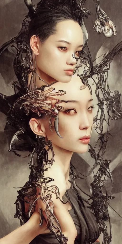 Image similar to Kiko Mizuhara, physically accurate, dramatic dynamic lighting, intricate, elegant, highly detailed, digital painting, artstation, very hyperrealistic, HR GIGER, Hieronymus Bosch, Francis Bacon, Tomas Sanchez, Renaissance, concept art, smooth, sharp focus, illustration, art by artgerm and greg rutkowski and alphonse mucha