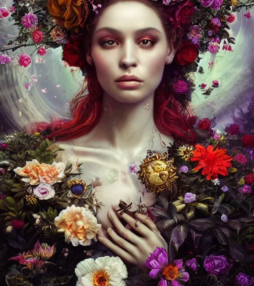 Image similar to portrait of the queen of the underworld, surrounded by flowers by karol bak, james jean, tom bagshaw, rococo, trending on artstation, cinematic lighting, hyper realism, octane render, 8 k, hyper detailed.