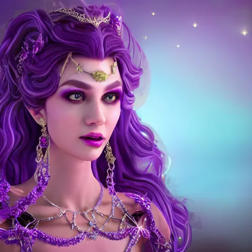 Image similar to portrait princess of amethyst, glowing, ornate and intricate purple jewelry, jaw dropping beauty, glowing background lighting, purple accent lighting, hyper detailed, fairy tale, 4 k octane render