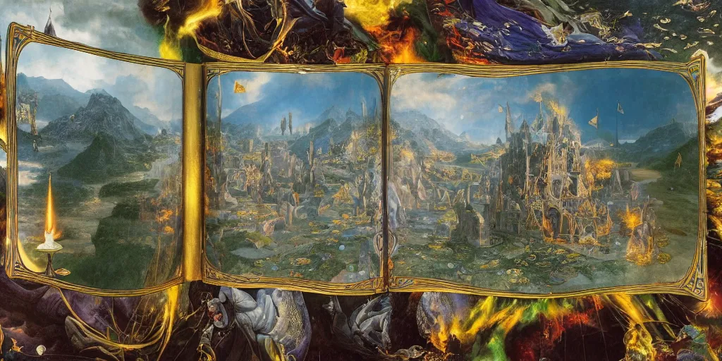 Image similar to a beautiful and highly detailed matte painting of magical tarot cards floating in the midst of magical explosions, intricate details, epic scale, insanely complex, 8 k, sharp focus, hyperrealism, very realistic, by caspar friedrich, albert bierstadt, james gurney, brian froud,