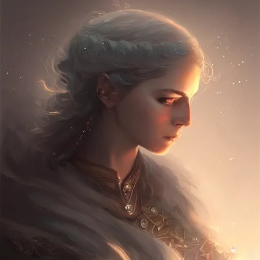 Image similar to beautiful extremely detailed intricate concept art depicting an archer by charlie bowater. shining jewelry. grey atmosphere. particles in the background. bcy. net