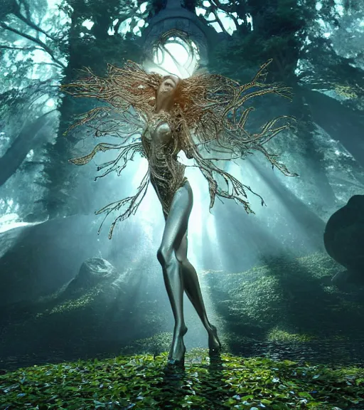 Prompt: beauteous practical sumptuous biomechanical with incredible hair, projected ray traced oled retinal overlays, crystalline masterpiece incrustations, hyperdetailed face, elegant pose, movie still, intricate, octane render, cinematic forest lighting, cgsociety, unreal engine, crepuscular rays, god rays