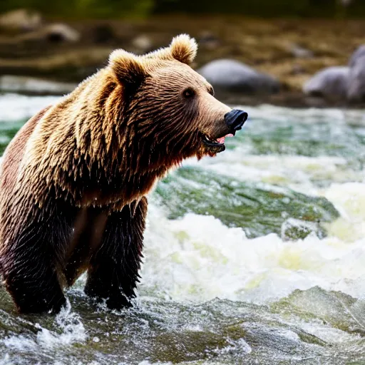 Image similar to a high quality photo closeup of a grizzly bear standing in a river. There is a salmon leaping in the air. the grizzly bear has its jaws open wide, trying to bite down and catch the salmon. Shallow depth of field.