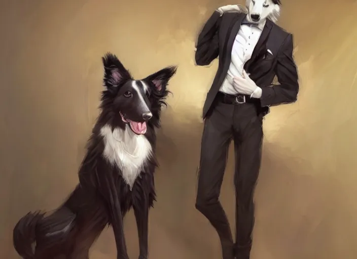 Image similar to wide angle beautiful full body portrait of a strong male anthropomorphic anthro border collie fursona in a suit sitting in a parlor room, character design by charlie bowater, henry asencio, and ross tran, disney, detailed, aesthetic, trending on artstation, furaffinity, deviantart