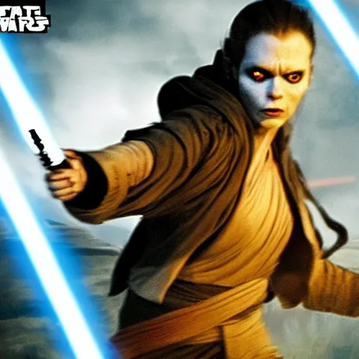 Image similar to evil mutant corrupted rey, using the force to kill, sith lord, dark side, cinematic movie image, both hands raised to use the force, yellow eyes, hd star wars photo