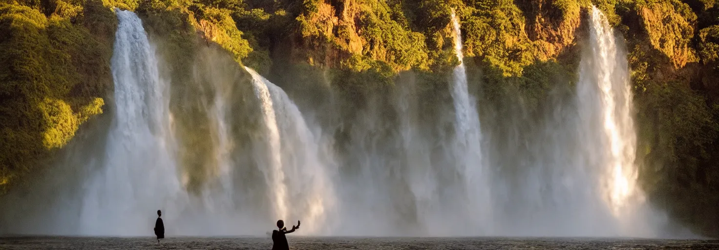 Image similar to dang ngo, annie leibovitz, steve mccurry, a simply breathtaking shot of mediating mon, giant waterfall, golden hour, golden ratio, wide shot, symmetrical