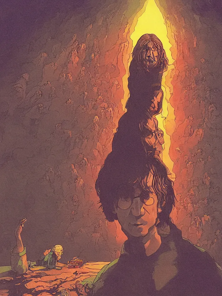 Prompt: an image of john lennon as gollum from the lord of the rings, taking mind altering drugs, a blotter paper of lsd acid and dreaming psychedelic hallucinations in the vast mordor landscape, by kawase hasui, moebius, edward hopper, colorful flat surreal design, dramatic lighting, hd, 8 k, artstation