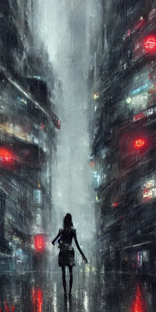 Image similar to a concept art landscape of a woman in the foreground, back to camera, standing in a claustrophobic neotokyo city, standing in the rain with an umbrella, wet, emphasis on tall buildings, dirty, low angle, neotokyo, japanese by greg rutkowski, highly detailed background, intricate