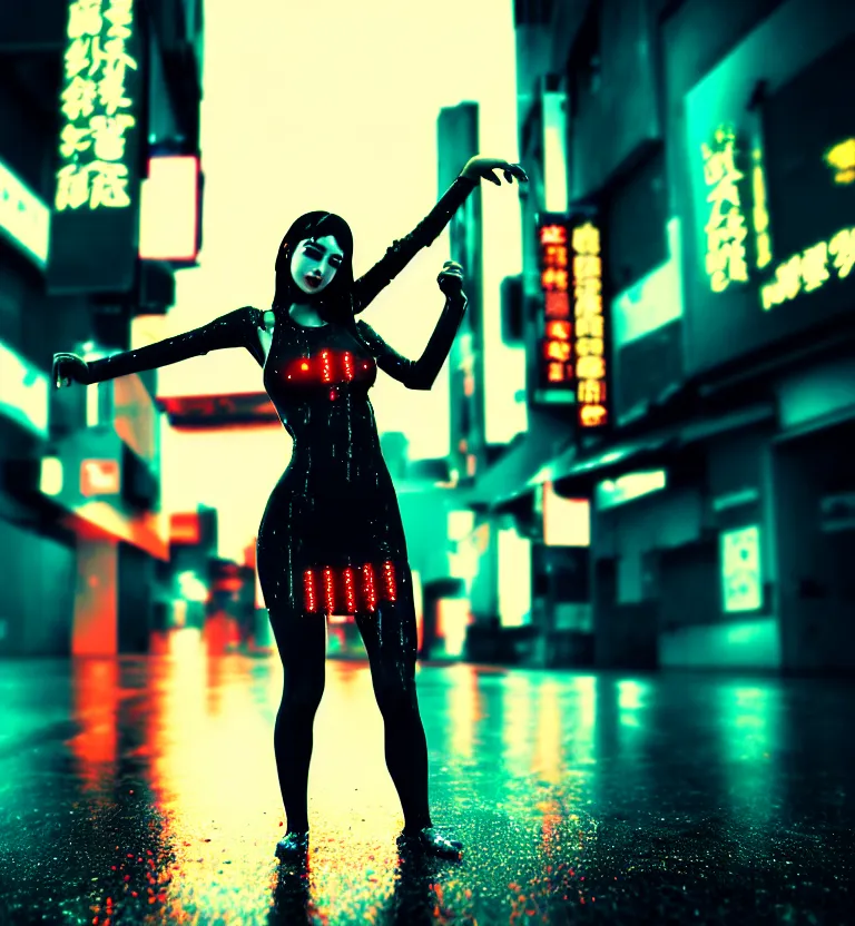 Image similar to a photo close up cyberpunk woman dancing in the rain, cyberpunk hiroshima, prefecture streets, sunset, photorealistic, cinematic lighting, highly detailed, bokeh, style by tomino - sama