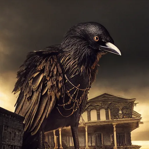 Prompt: Crow Fursuit, centre composition, dark clouds, golden hour, surreal abandoned buildings, dream-like heavy atmosphere, baroque painting, beautiful detailed intricate insanely detailed octane render trending on Artstation, 8K artistic photography, photorealistic, dramatic volumetric cinematic perfect light, chiaroscuro, award-winning photograph, masterpiece,