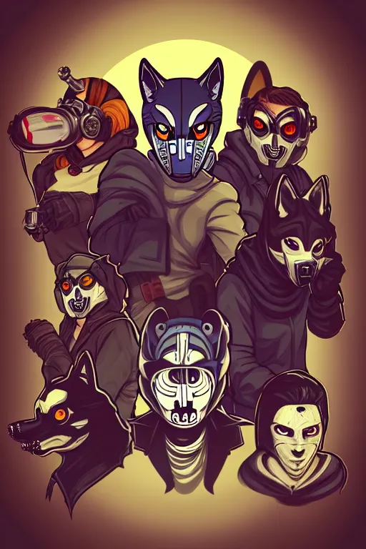 Image similar to 6 member from wolf gangs wear gray bandana, other people use wolf mask. pop art, pixel, bioshock infinite art style, gta chinatown wars art style, dynamic, face features, body features, ultra realistic, digital art, concept art, smooth, sharp focus, illustration, intricate, without duplication, elegant, confident posse