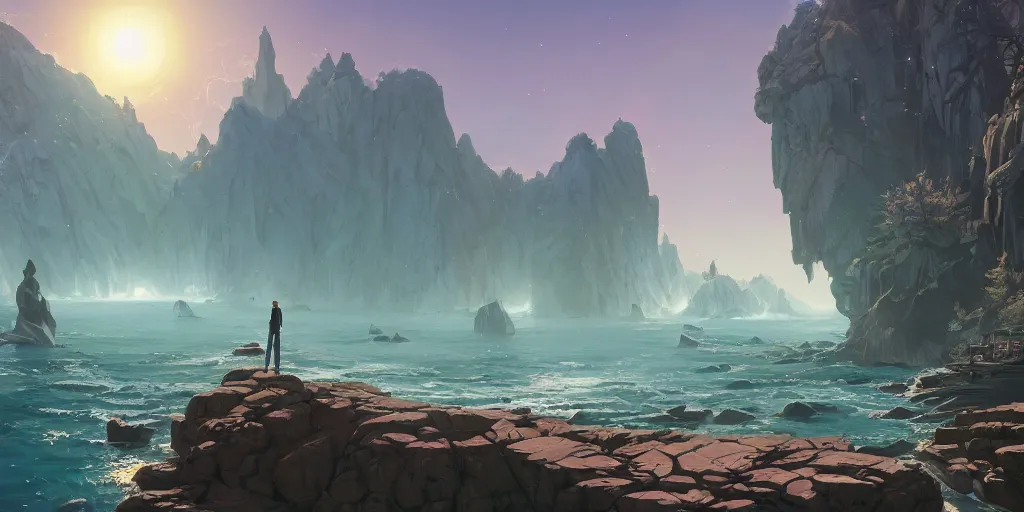 Image similar to a gleaming crystal archipelago in gta v, dry, salty, stephen bliss, unreal engine, illustration, fantasy art by greg rutkowski, loish, rhads, ferdinand knab, makoto shinkai and lois van baarle, ilya kuvshinov, rossdraws, tom bagshaw, global illumination, radiant light, detailed and intricate environment