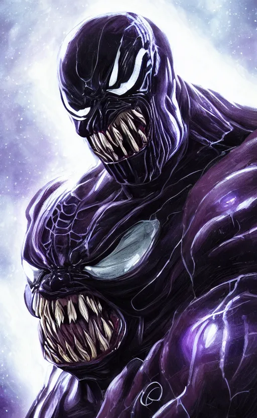 Image similar to full body portrait of venom as thanos, dynamic lighting, cinematic, ultra detailed, trending on art station, stunning visuals, creative, fantasy concept art