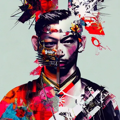 Prompt: modern samurai, contemporary collage, highly detailed, digital painting, 4 k, hdr, punk, fashion, smooth, sharp focus, art by nick knight, sandra chevrier and john hoyland