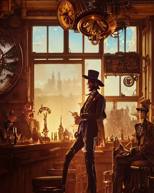 Image similar to highly detailed surreal vfx portrait of a steampunk cowboy in a steampunk saloon, stephen bliss, unreal engine, greg rutkowski, loish, rhads, beeple, makoto shinkai and lois van baarle, ilya kuvshinov, rossdraws, tom bagshaw, alphonse mucha, global illumination, detailed and intricate environment