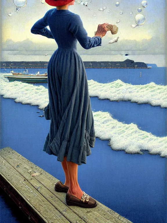 Prompt: a fancy beautiful woman standing on a wharf at the edge of a cold sea by rob gonsalves and ruth deckard and gil elvgren and harry ekman and george petty and hilo chen and norman rockwell, crisp details, hyperrealism, high detail, high contrast, low light, grey mist, cobblestones, dim lantern