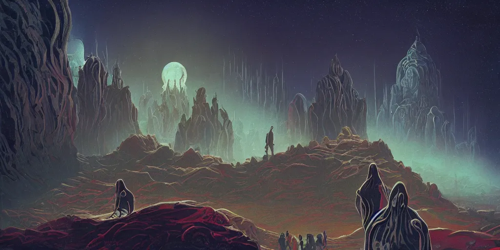 Prompt: the cult of pluto, a highly detailed cinematic oil painting by roger dean and alena aenami, hooded figures, dynamic lighting