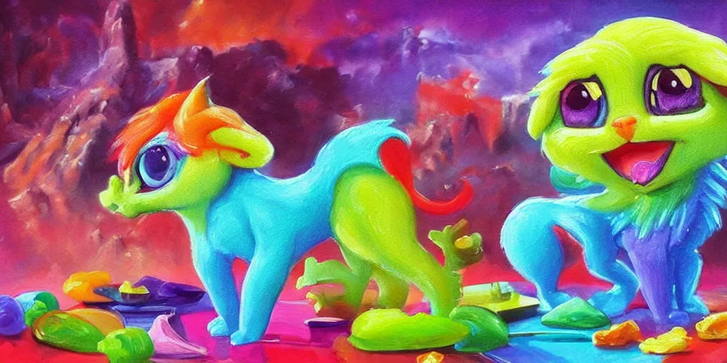 Image similar to rainbow sorbet made in the shape of 3 d littlest pet shop manticore, realistic, melting, soft painting, desserts, ice cream, glitter, cake, forest, mountains, aurora, master painter and art style of noel coypel, art of emile eisman - semenowsky, art of edouard bisson