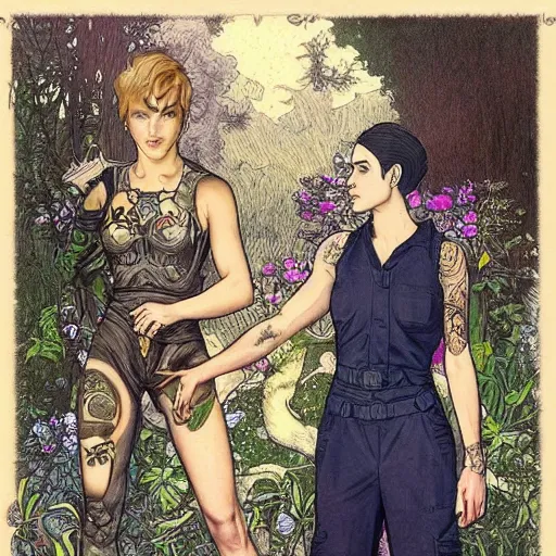 Image similar to short - haired tattooed heroic stoic handsome muscular blonde butch tomboy woman engineer in jumpsuit standing beside dark fae feathered modest gothic jennifer connelly, standing together in a beautiful lush garden at night, in love, highly detailed, trending on art station, mucha