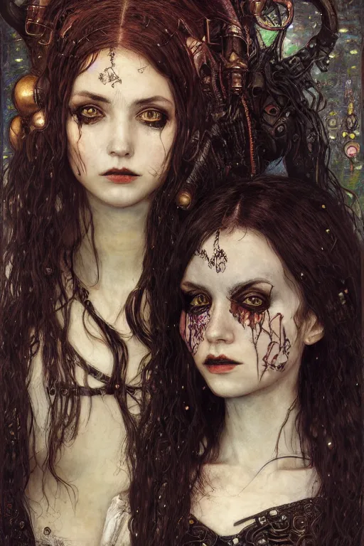 Image similar to portrait of beautiful young gothic maidens, cyberpunk, Warhammer, highly detailed, artstation, illustration, art by Gustav Klimt