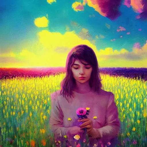 Prompt: girl with a flower face, surreal photography, dream, standing in flower field, magical, in a valley, sunrise dramatic light, impressionist painting, colorful clouds, artstation, simon stalenhag, flower as face