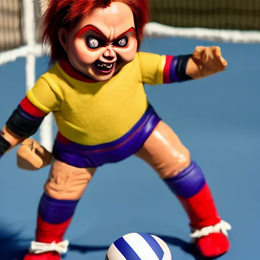 Image similar to screaming chucky doll playing volleyball and wearing tight volleyball shorts