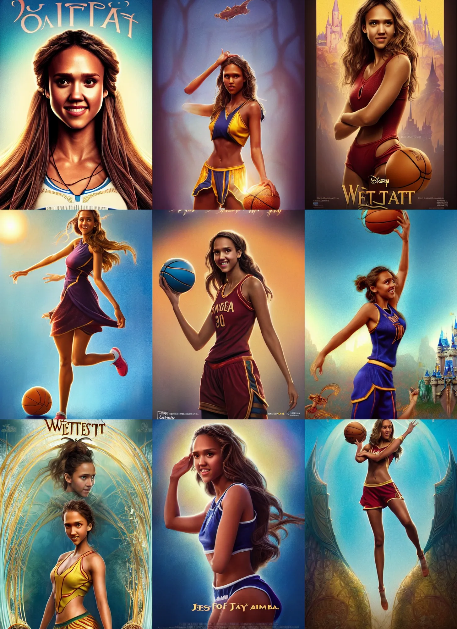 Prompt: disney weta movie poster photo : : of jessica alba as nba hero ( basketball girl ) : : octane render, artstation, soft, decadent, polished, by mucha, artgerm, wlop, loish, beeple, bikini tiktok woman, illustration, fantasy, soft, smooth, sharp focus, digital painting, hi - fructose, rutkowski