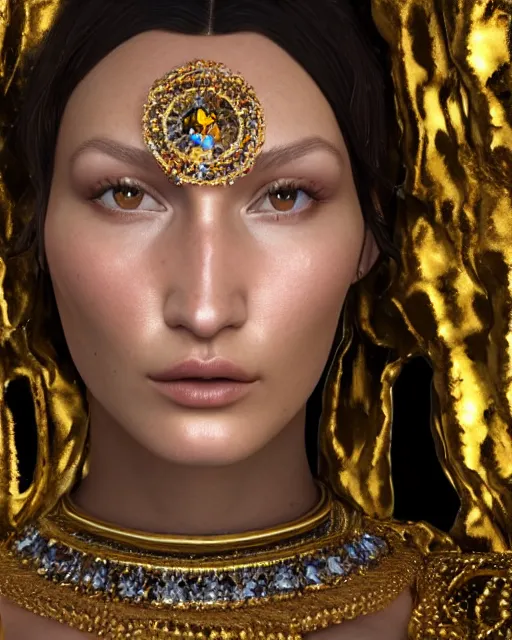 Image similar to a highly detailed metahuman 8 k close up render of bella hadid in gustav klimt style in diamonds crystals swarovski and jewelry on artstation made in unreal engine 4