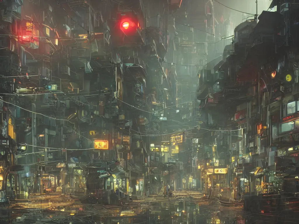 Image similar to futuristic dieselpunk street, cable stone ground. lots hanging cables, tiny wires on the ground. narrow, garbage on the ground. rain. fog, haze, evening. led screens. neon signs. golden hour. very sharp. cables on the ground. very messy. futuristic. photorealistic. artstation. anime. studio gimbli style. golden rate.