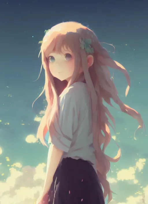 Image similar to portrait of cute girl, cloudy sky background lush landscape illustration concept art anime key visual trending pixiv fanbox by wlop and greg rutkowski and makoto shinkai and studio ghibli